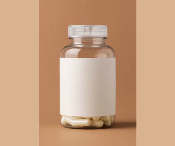 Frasco transparente com cápsulas claras e rótulo em branco sobre fundo bege
